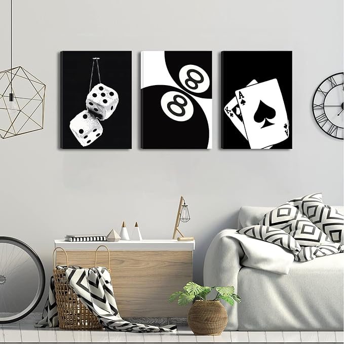 BOKPEN 3Pcs Black and White Poker Dice Canvas Wall Art Lucky You Poster Prints - Image 7