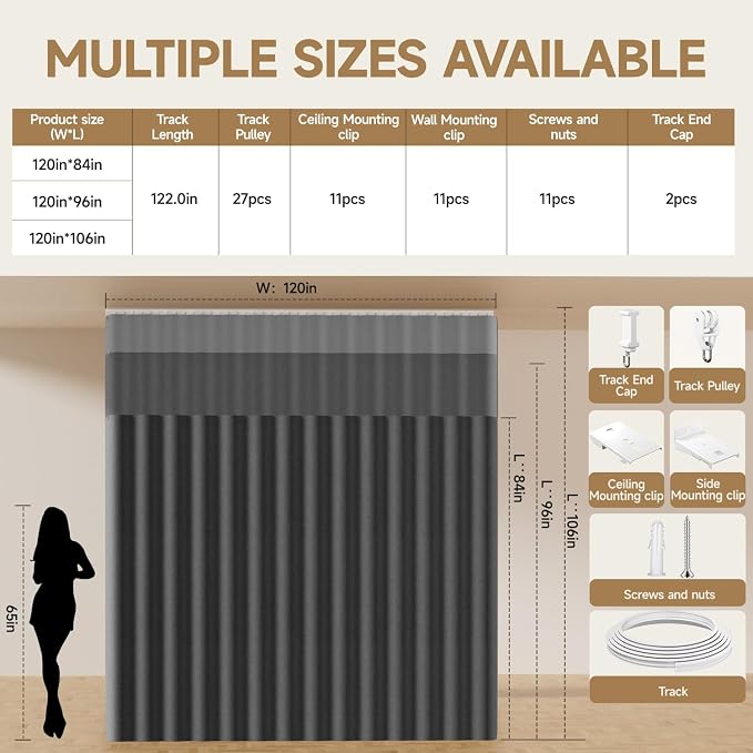 Room Divider Ceiling Curtains W/Flexible Track Sets, inch Extra Long Blackout - Image 6