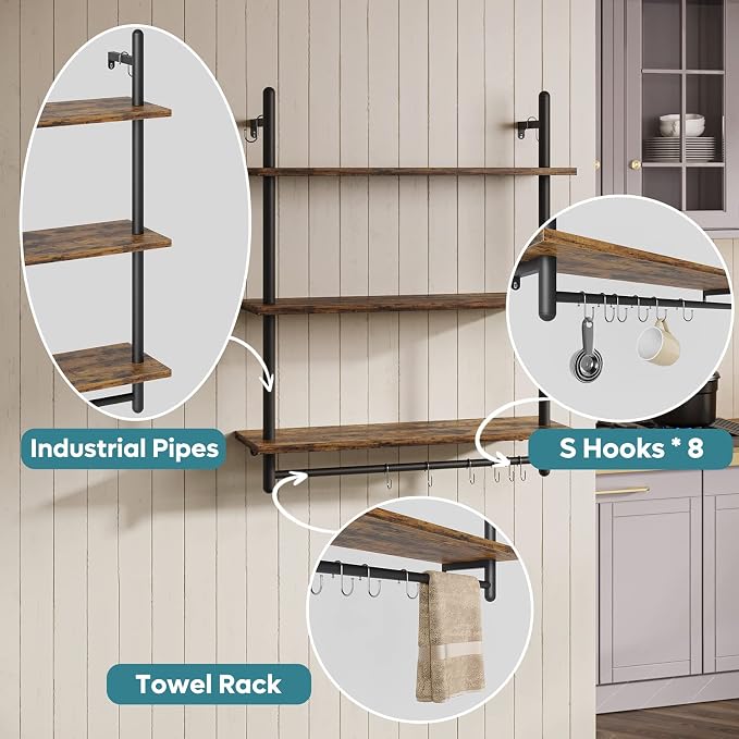 Bestier 3 Tier Industrial Pipe Shelving, Floating Book Shelves - Image 4