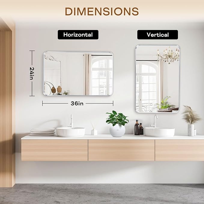 Wall Mount Mirror for Bathroom, Brushed Silver Metal Framed Rounded Corner - Image 4