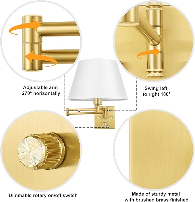 TRLIFE Dimmable Wall Sconce Plug in, Brushed Brass Wall Sconces Set of 2 Swing - Image 3