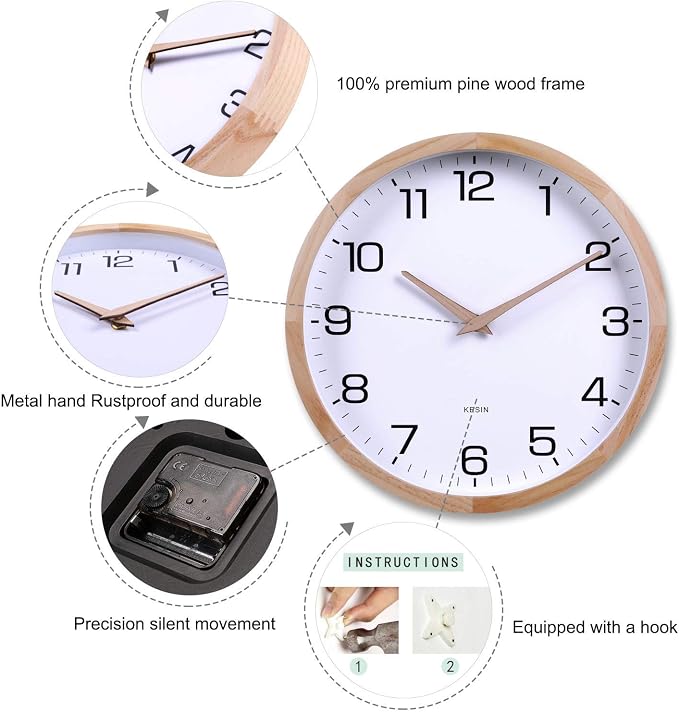 Kesin 12 Inches Wooden Round Silent Wall Clock White Wood Wall Clocks Analog - Image 3