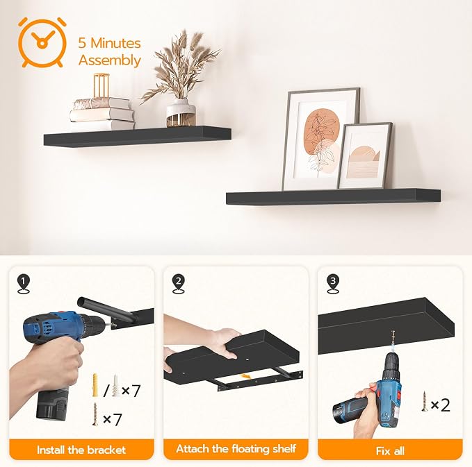 HOOBRO Floating Shelves for Wall, Wall Mounted Shelf Set of 2, 15.7" Hanging - Image 7