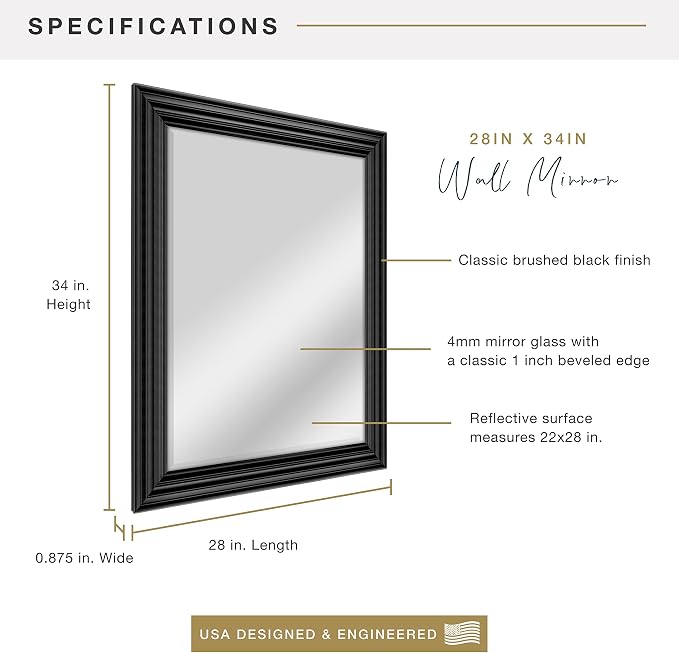 MCS 28x34 Large Wall Mirror, Brushed Black Frame & Beveled Detail Mirror - Image 3