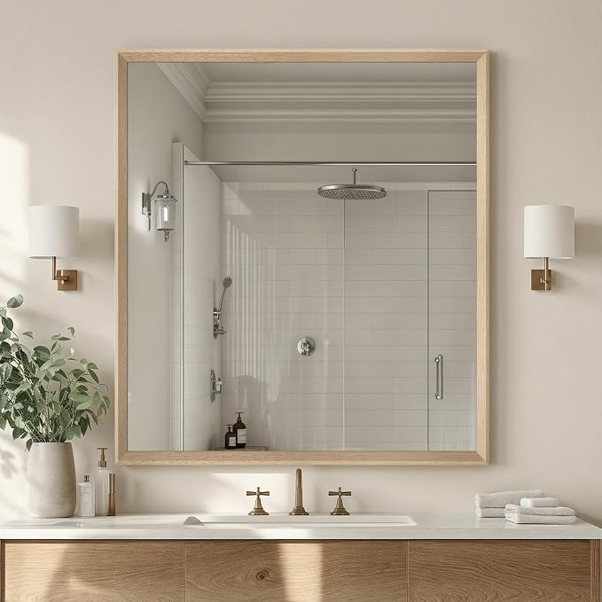 Oak Wood Effect Framed Wall Mirror, 36x40 Rectangle Mirror, Anti-desilvering by Ultrue