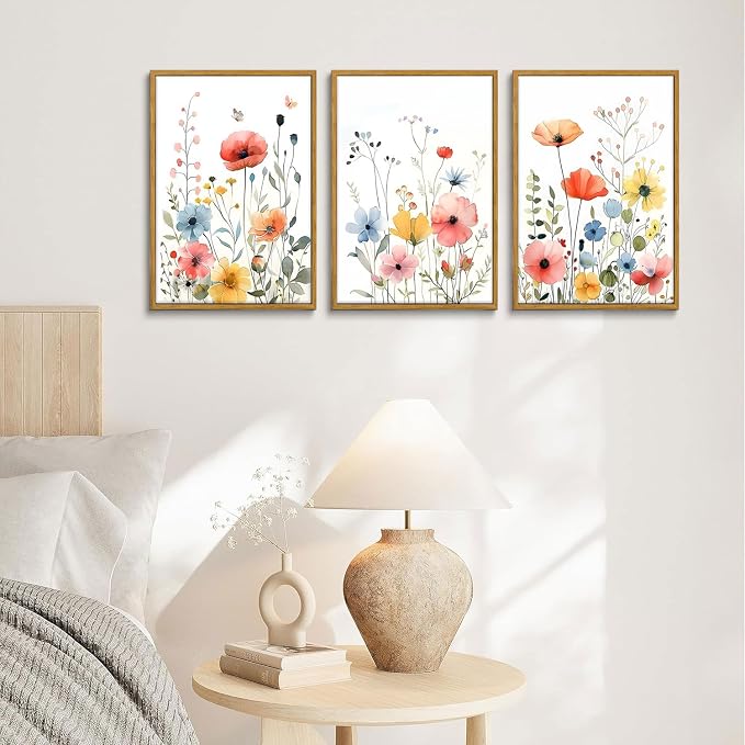 KISSFOX Colorful Wildflower Canvas Wall Art Set Of 3 Flowers Pictures Prints - Image 2