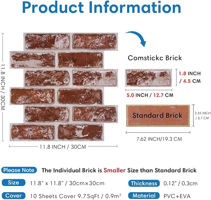 COMSTICKC 3D Faux Brick Wall Panels Peel and Stick, Small Size Thin PVC Fake - Image 5
