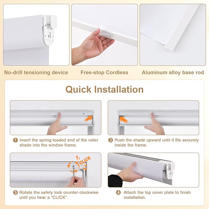 SUNOFF No Drill Tools Cordless Blackout Roller Shades Blinds - Image 2