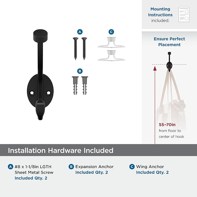 Amerock H55465MB | Adare Double Prong Decorative Wall Hook | Matte Black Hook - Image 5