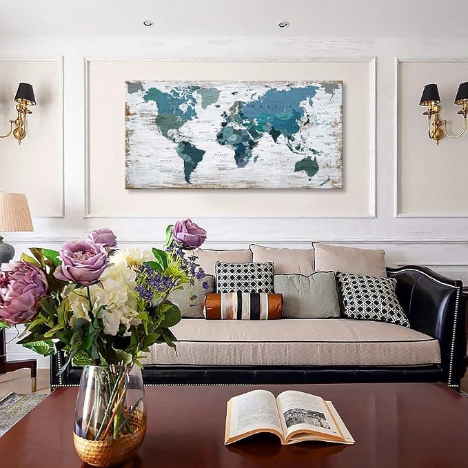 Teal Decor World Map Canvas Art Pictures - Image 2