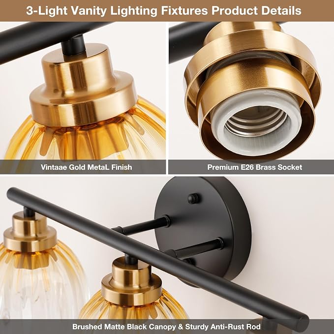 TALOYA Bathroom Vanity Light Fixtures, 3-Light Modern Black and Gold Wall - Image 6
