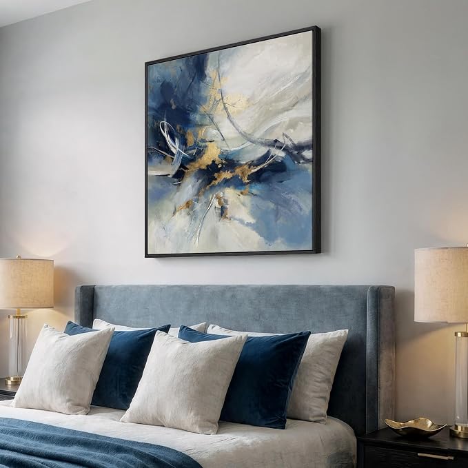 Framed Abstract Wall Art, Modern Blue White Gold Canvas Prints Artwork - Image 2