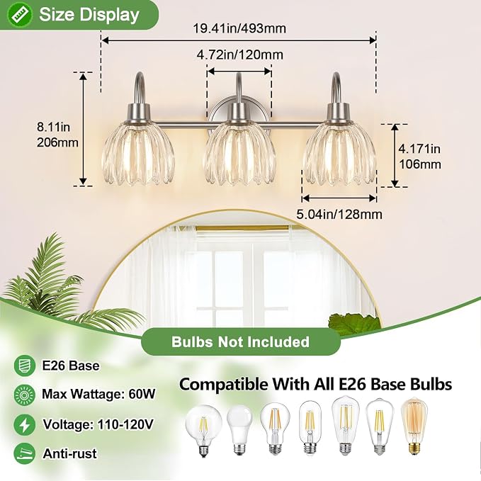 3-Light Bathroom Light Fixtures, Brushed Nickel Wall Lights - Image 9