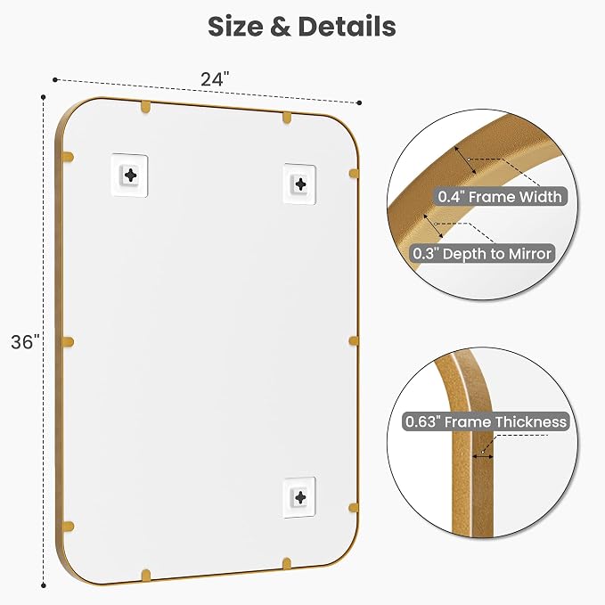 2-Pack 24x36 Inch Matte Gold Bathroom Vanity Mirrors | Flush Mount Deep Set - Image 6