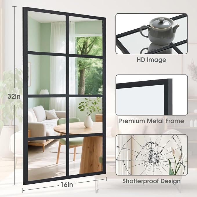 DUMOS Window Pane Mirror Set of 2, 16x32 Inch Rectangle Decorative Wall Mirrors - Image 2