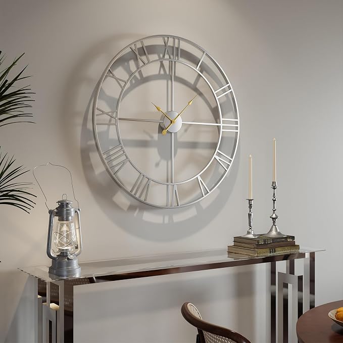 Cuspin 30 Inch Large Wall Clock, Modern Silver Metal Big Decorative Wall Clock - Image 8