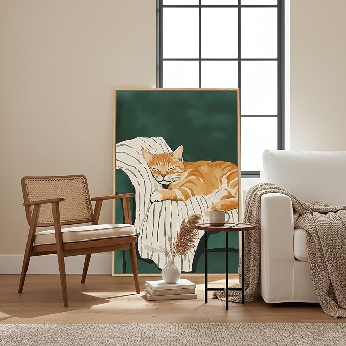 Framed Animal Wall Art for Bedroom Wall, Large Cozy Orange Tabby Cat Canvas - Image 3