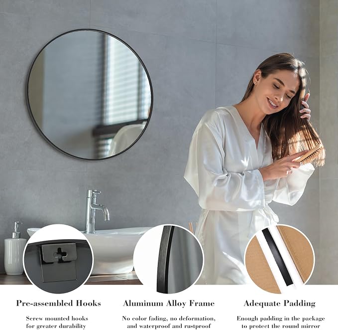NEWBULIG Round Bathroom Mirror for Over Sink, 24 Inch Wall Mount Vanity Circle - Image 4