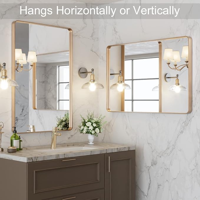 LOAAO 20”X30” Gold Bathroom Mirror, Rounded Rectangle Gold Frame Mirror - Image 7