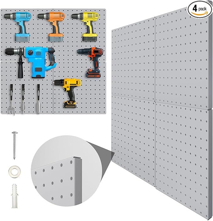 Peg Board, 4 Pack Metal Pegboard Panels Grey Pegboards Wall Organizer by Hogurity