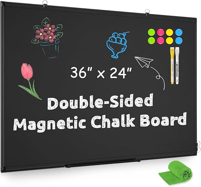 Magnetic Chalk Board, 36“x24” Black Chalkboard Double-Sided Dry Erase Board by WALGLASS