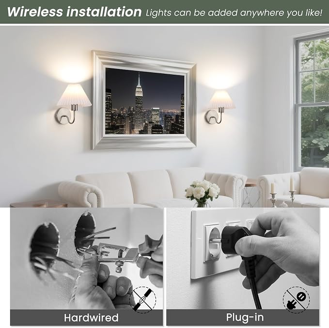 Wireless Wall Sconce Sets of 2, Pleated Shades Rechargeable Battery Operated - Image 8