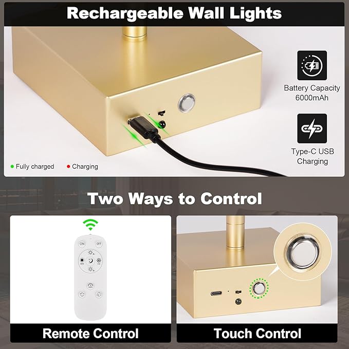 Battery Operated Wall Sconce, 3000K-6000K Dimmable Gold Wall Lights - Image 5