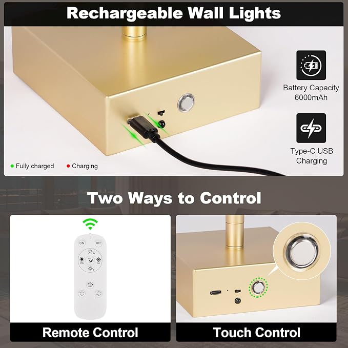 Battery Operated Wall Sconce, 3000K-6000K Dimmable Gold Wall Lights - Image 4