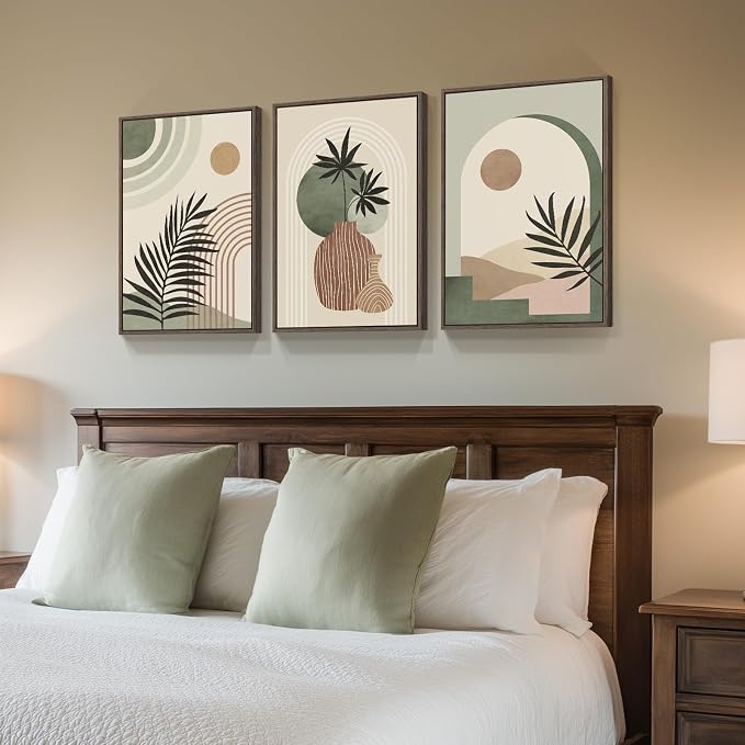 Framed Sage Green Boho Wall Art Bedroom, 3 Piece Neutral Bohemian Botanical - Image 2