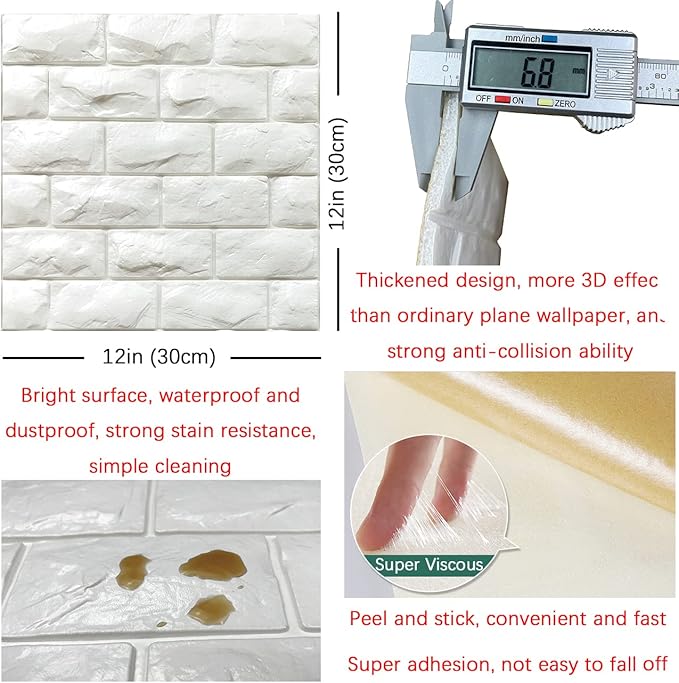 YU LI 3DH 3D Wall Panels Peel and Stick 20PCS White Foam Brick Wallpaper - Image 5