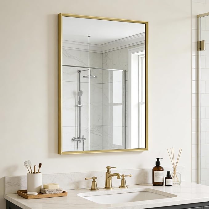 Bathroom Mirror for Wall, 36x24 Inch Metal Framed Mirror, Brushed Gold by Ruomeng