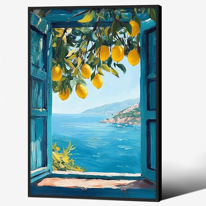 Black Framed Canvas Wall Art Posters Mediterranean Window View Coastal Lemon by PDFI