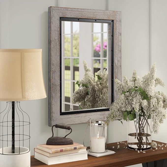 YOSHOOT Rustic Wooden Framed Wall Mirror, Natural Wood and Iron Bathroom Vanity - Image 4