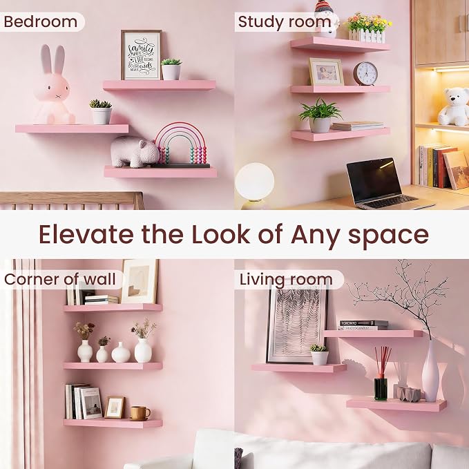 BAYKA Pink Floating Shelves for Wall Set of 3, 15.7in Wood Wall Shelves for - Image 7