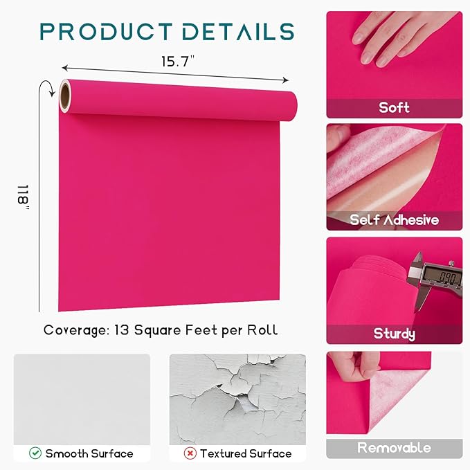 VEELIKE Hot Pink Velvet Fabric Wallpaper Peel and Stick Soft Felt Drawer Liners - Image 8