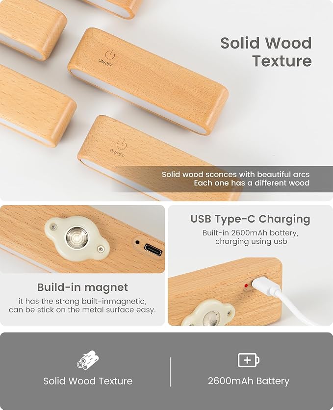Wood Battery Operated Wall Sconces Set of Two, Magnetic Mini Wall Lights - Image 3