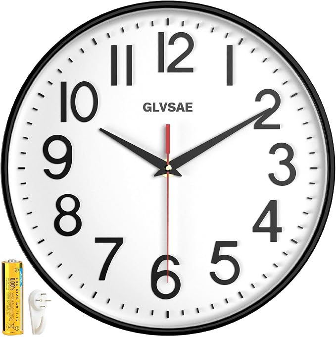 GLVSAE Wall Clock 12 Inches Non-Ticking Wall Clocks Battery Operated Large Easy by GLVSAE