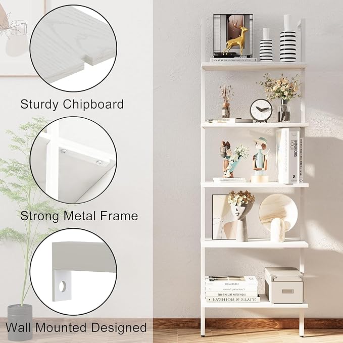 aboxoo Ladder Shelf 2 PCS White Bookshelf 5-Tier Wooden Open Shelf Wall-Mounted - Image 7