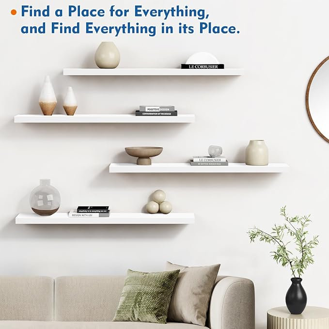 Harwaya White Wood Floating Shelves 36 Inches Long Set of 2, Large Modern Wall - Image 6