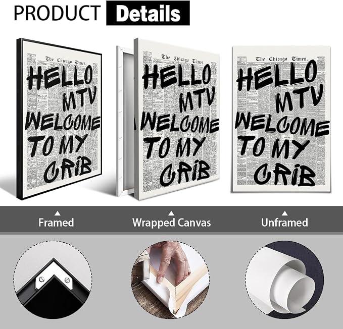 Hello MTV Welcome To My Crib Quote Poster, Vintage Black White Newspaper Canvas - Image 2