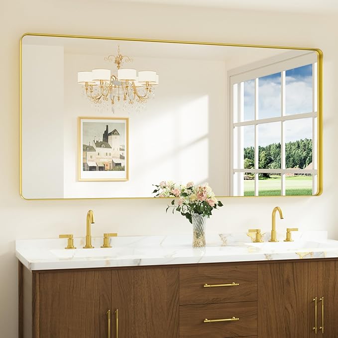 Keonjinn Brushed Gold Bathroom Mirror 72” x 36” Large Gold Bathroom Vanity by Keonjinn