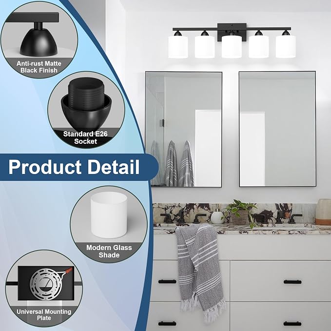 Black Bathroom Lighting Fixtures Over Mirror, 5-Light Anti-Rust Vanity Light - Image 3
