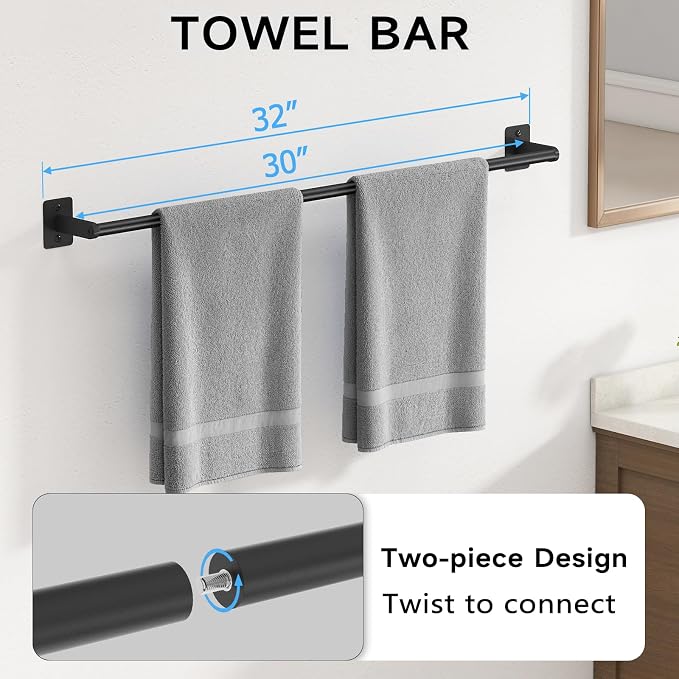 KLJKPA 4 Pieces Bathroom Hardware Set, 32 inch Towel Bar, Matte Black Bathroom - Image 2