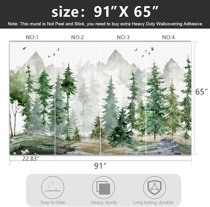 -Green Cartoon Pine Forest Nursery Fabric Wallpaper - Image 4