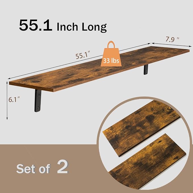 DINZI LVJ Long Wall Shelves, 55.1Inch Wall Mounted Shelves Set of 2, Extra - Image 3