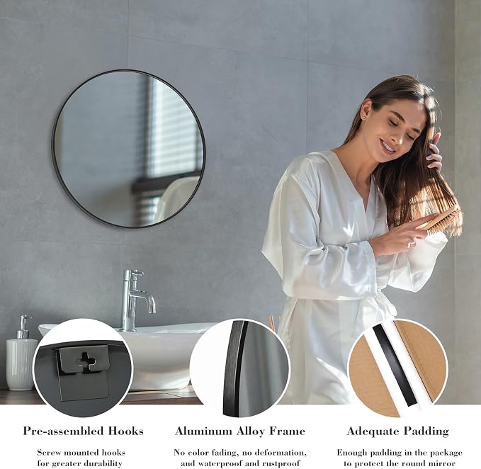 DUMOS Black Circle Mirror for Wall 20.02 inch, Bathroom Round Mirror for Over - Image 6