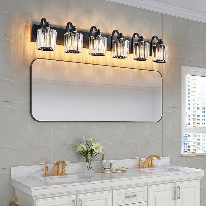 Black Crystal Bathroom Vanity Lights Fixtures 6 Light Over Mirror Modern Matte - Image 2