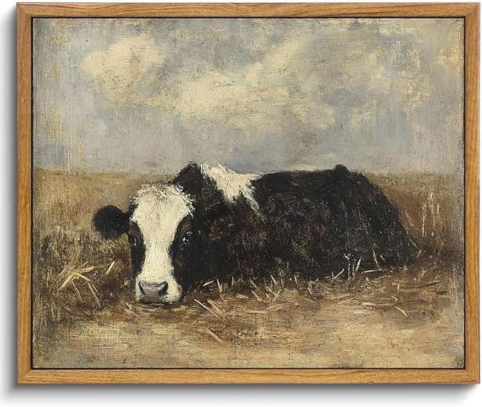 AtterrirArt Vintage Framed Wall Art, Rustic Cow Picture Painting Print by AtterrirArt