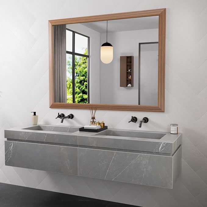 Amorho Bathroom Mirror, 48 X36 Inch Wall Mirror, Walnut Wood Grain Metal Framed - Image 7