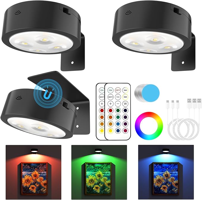 3 Pack Picture Lights for Wall, 13 RGB Color Rechargeable Battery Operated wall by Narotood